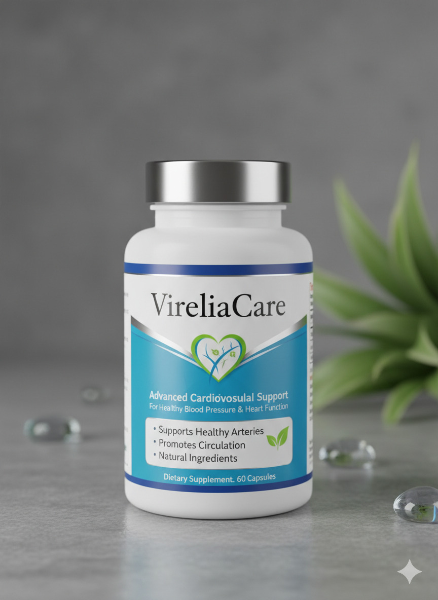 VireliaCare supplement bottle and packaging on a neutral surface